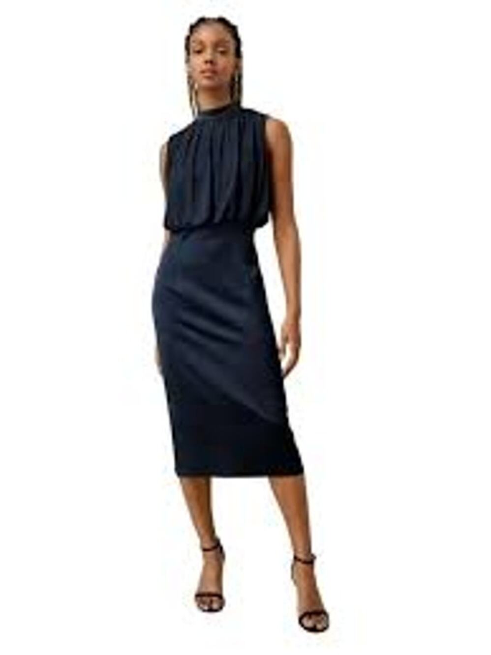 LILYSILK Pleated Sleeveless Silk Midi Dress Navy Blue NWT NWD Size 14 Mulberry